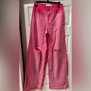 Pink Wide Leg Jean with Rhinstones